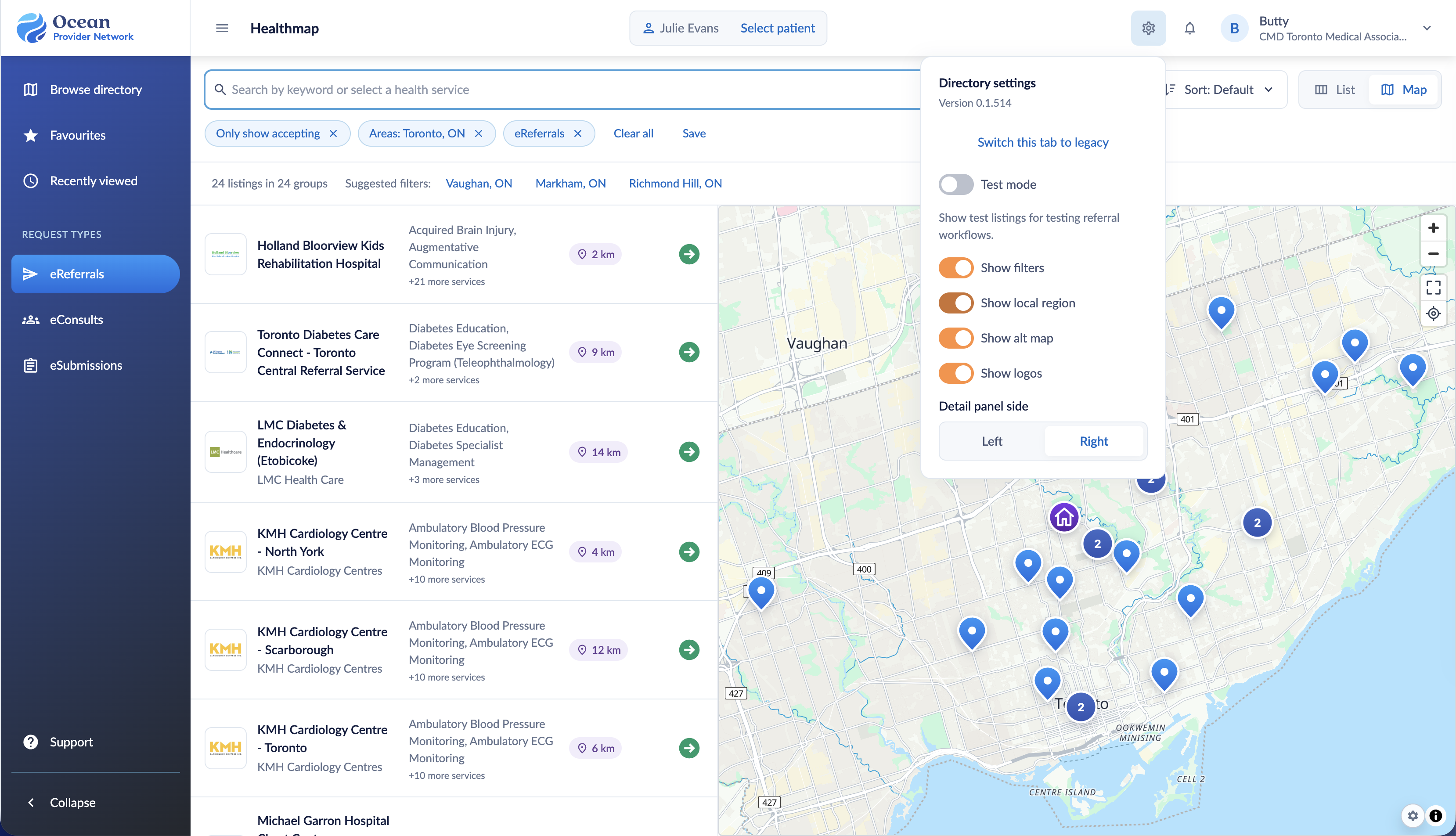 Show local region enabled with a Toronto area filter in the search bar.
