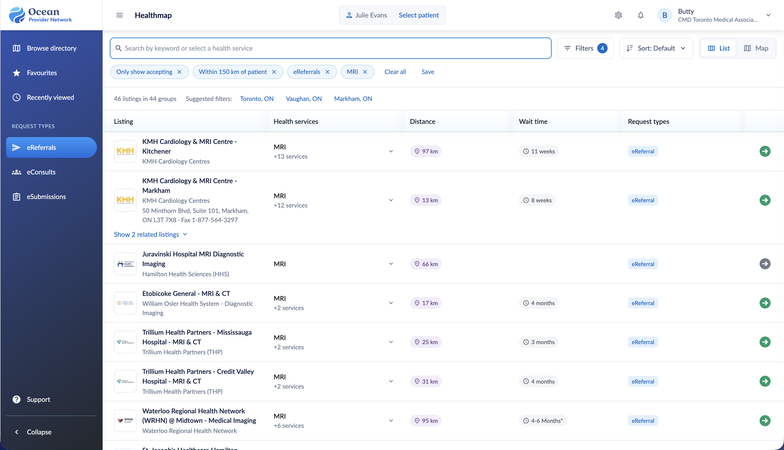 MRI search results in List view with service, distance, wait time and request type columns.