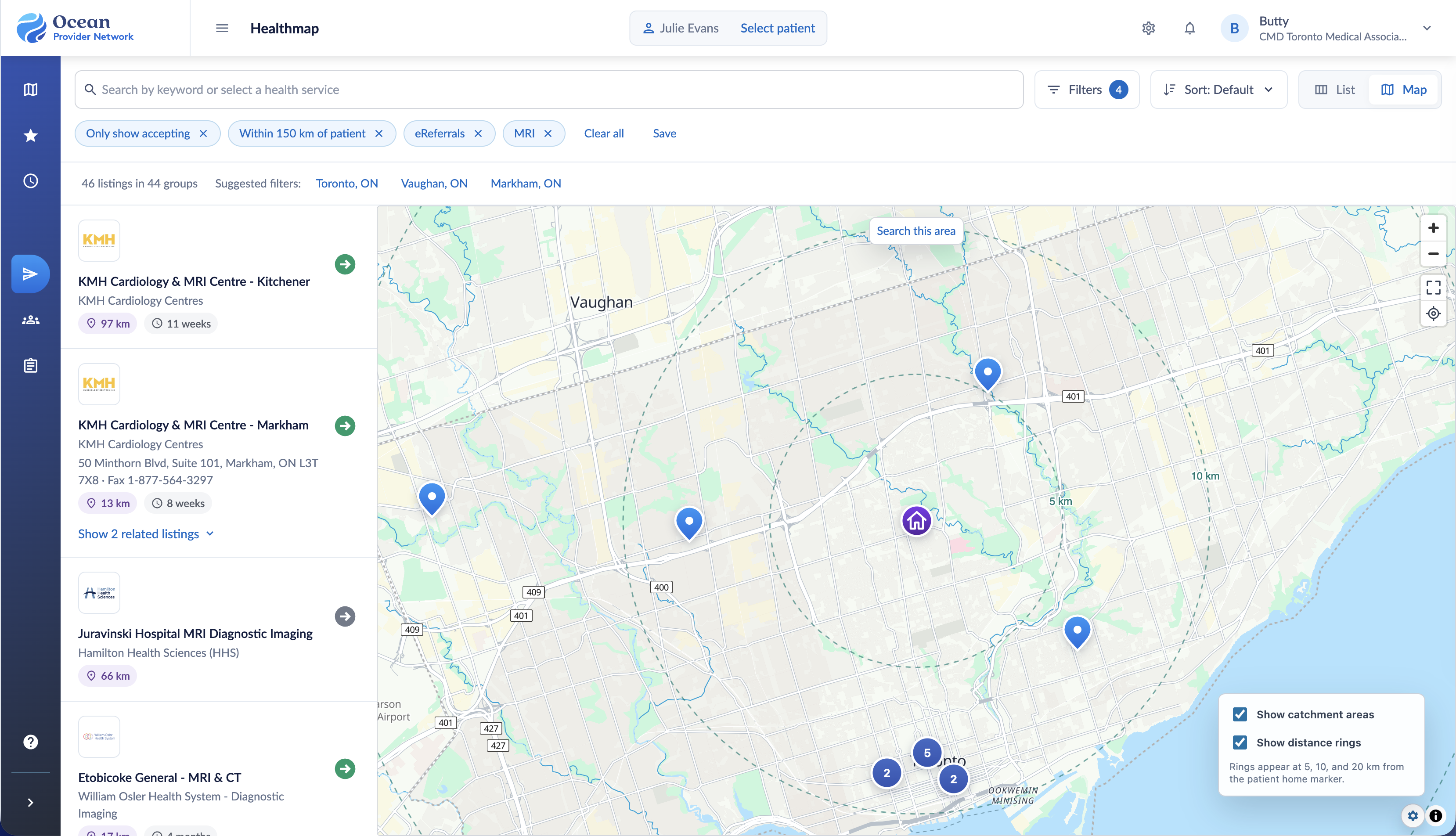 Map settings with catchment areas and distance rings selected, showing 5, 10 and 20 kilometre rings.
