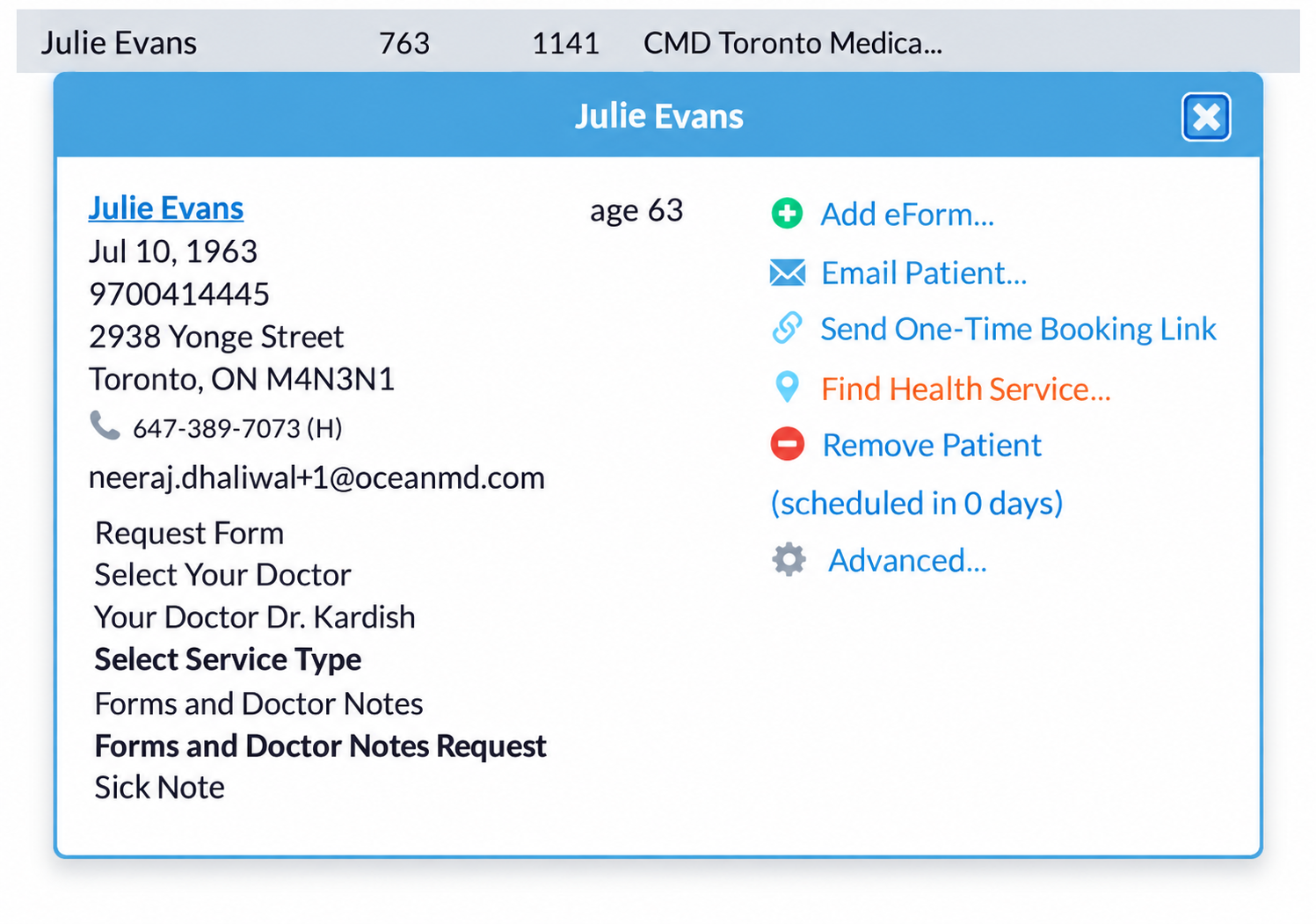 Ocean Portal patient menu with the Find Health Service action.