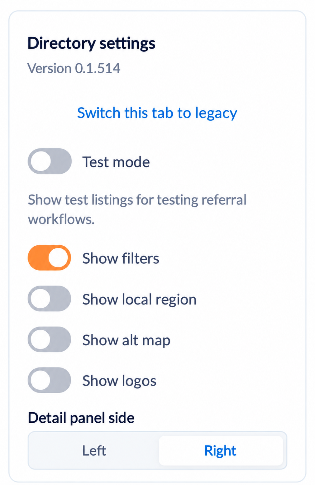 Directory settings with the extension version, legacy switch, Test mode, display toggles and detail panel side.