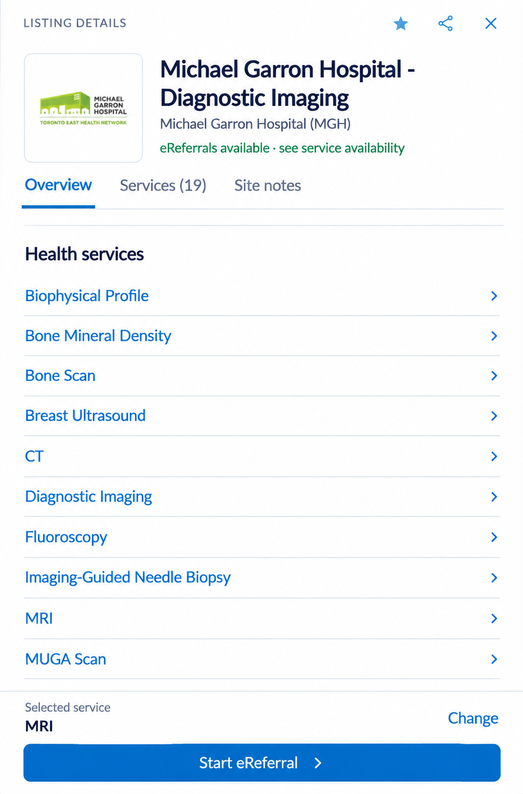 Directory listing details showing a list of health services and MRI as the selected service above Start eReferral.