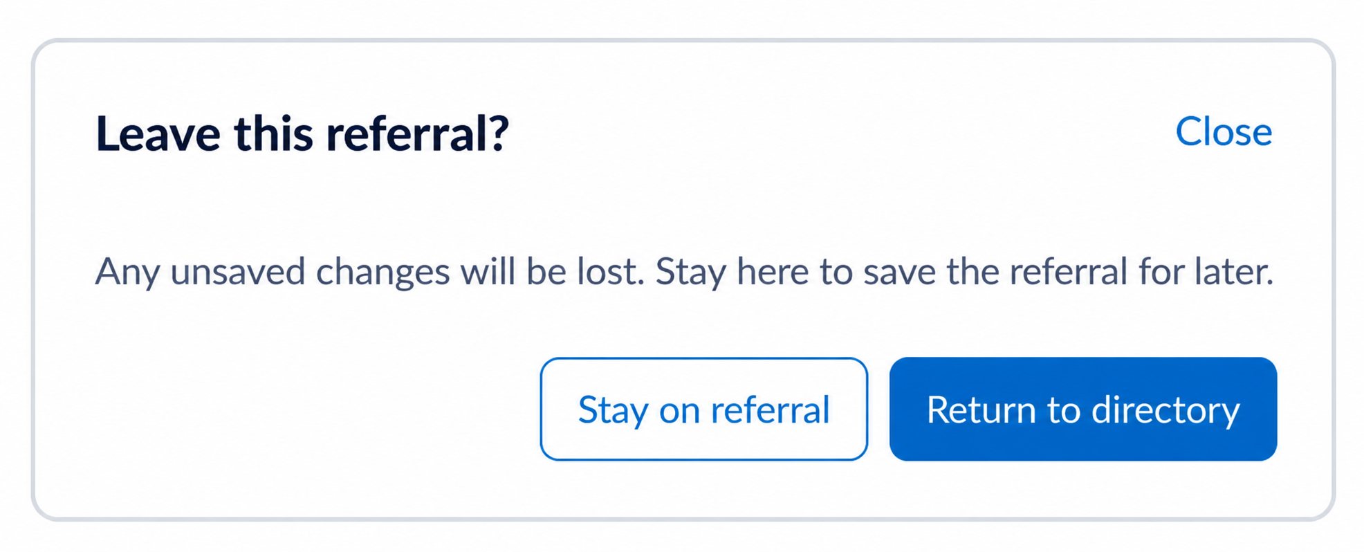 Leave this referral confirmation with Stay on referral and Return to directory buttons.
