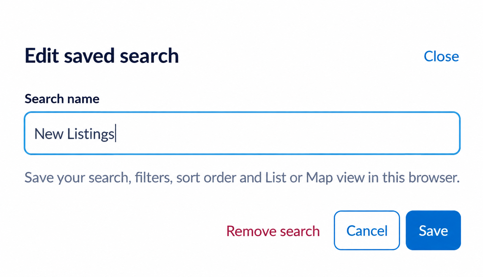 Edit saved search dialog with a New Listings name field, Remove search, Cancel and Save.