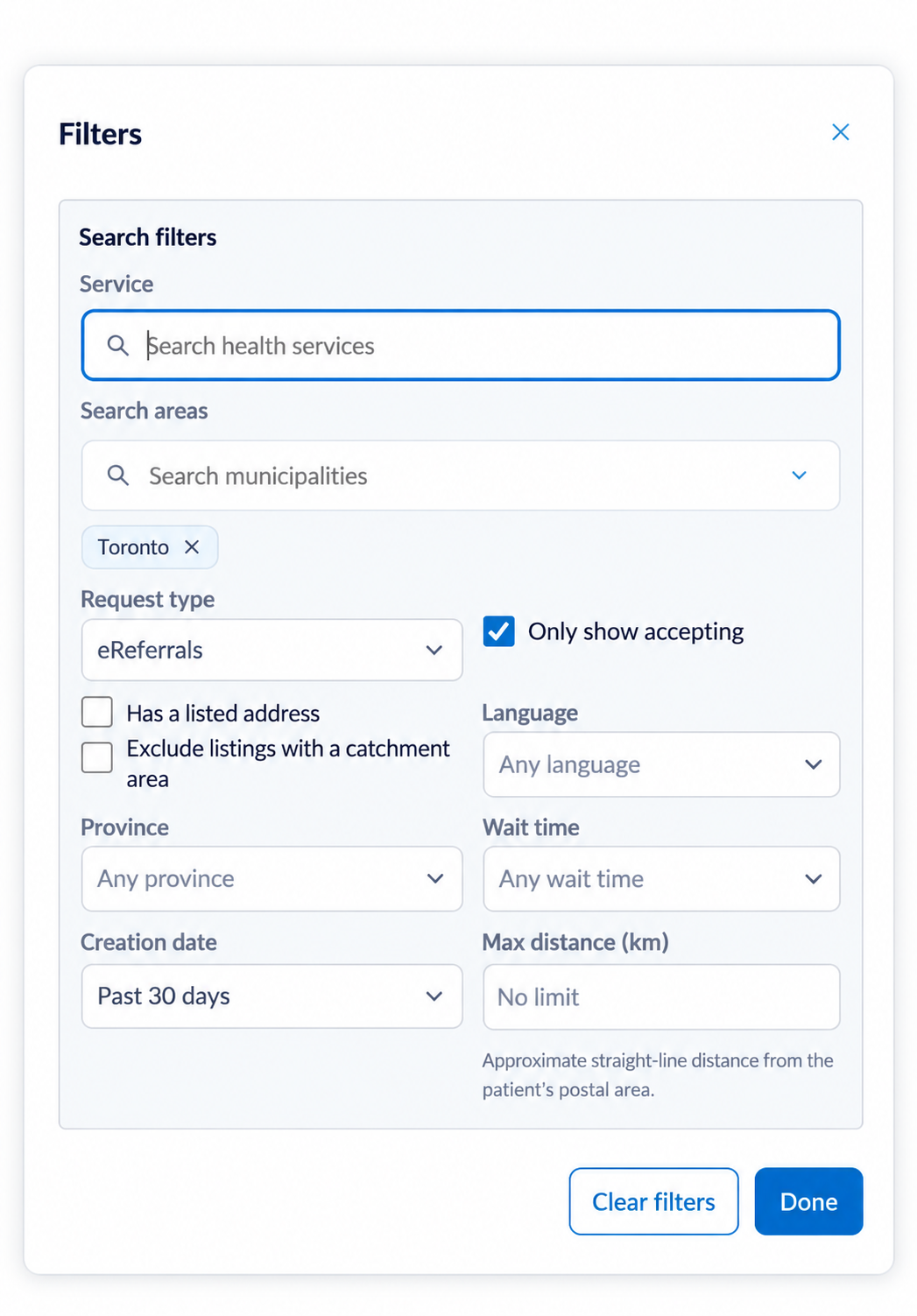 Filters dialog showing service, municipalities, request type, accepting status, address, catchment, language, province, wait time, creation date and distance controls.