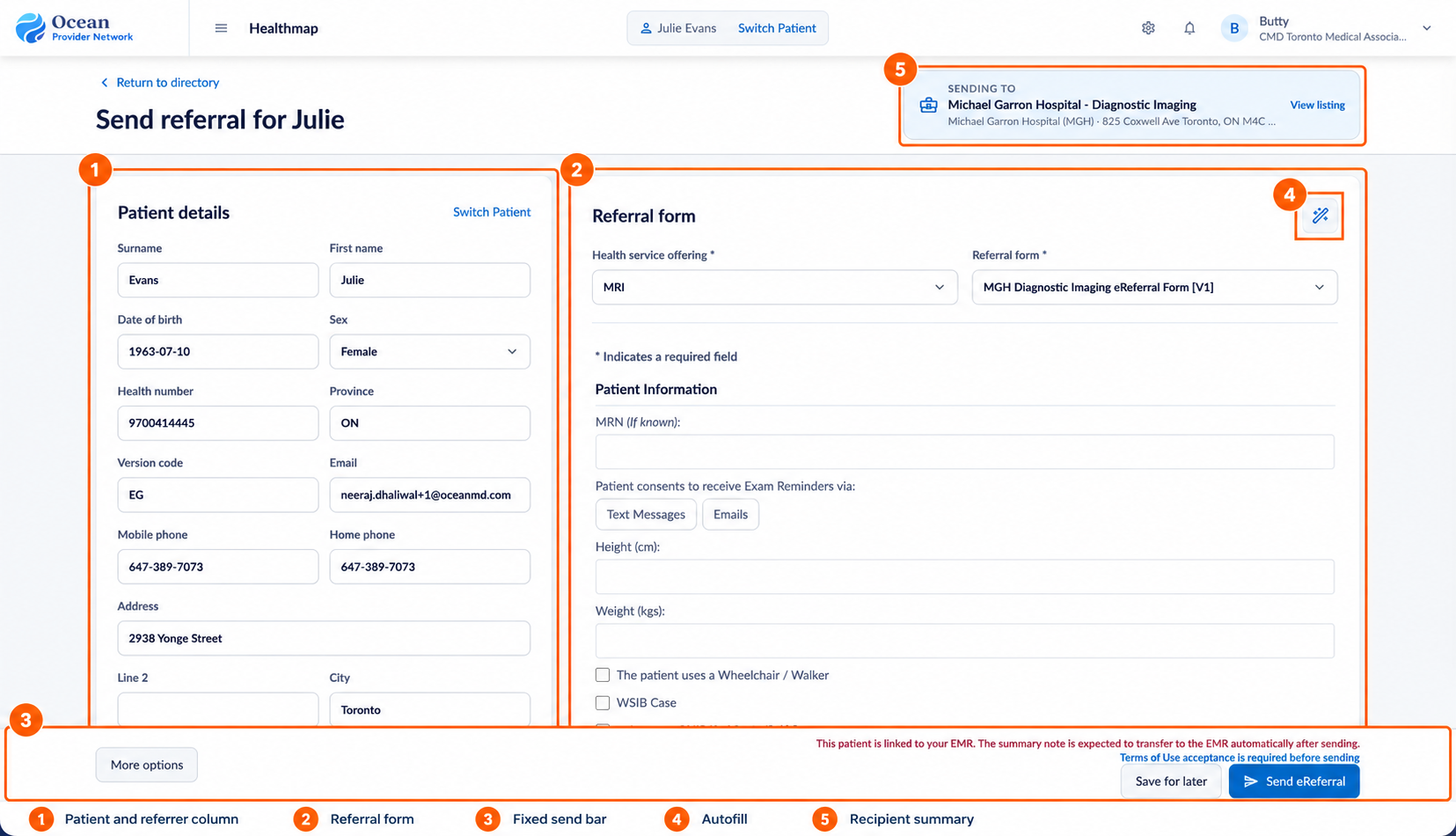 Referral orientation: 1 patient and referrer column, 2 referral form, 3 fixed send bar, 4 Autofill wand, 5 recipient summary.