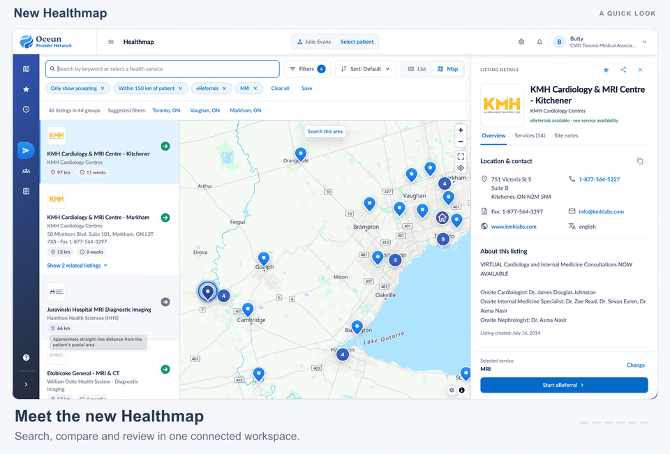 An animated walkthrough of Healthmap showing preferences, List and Map views, related listings, listing details, and Autofill options opening and closing.